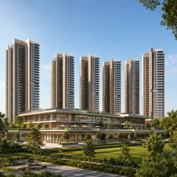 SNN Sarjapur Road clubhouse, a standalone B+G+3 amenity block at 21 m, set as a low horizontal form against the seven residential towers SNN Sarjapur Road clubhouse, a standalone B+G+3 amenity block at 21 m, set as a low horizontal form against the seven residential towers