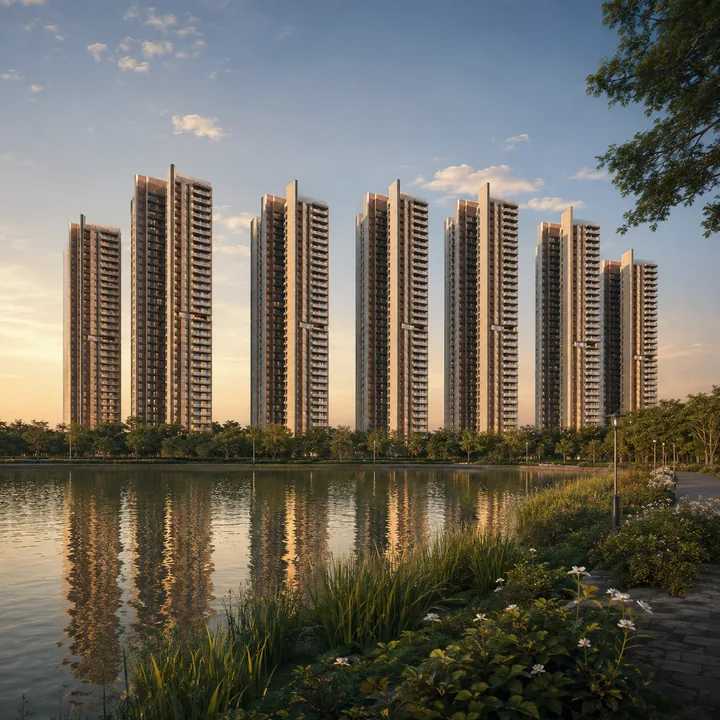 SNN Sarjapur Road towers at golden hour seen across Hosa Lake from the southern landscape buffer SNN Sarjapur Road towers at golden hour seen across Hosa Lake from the southern landscape buffer