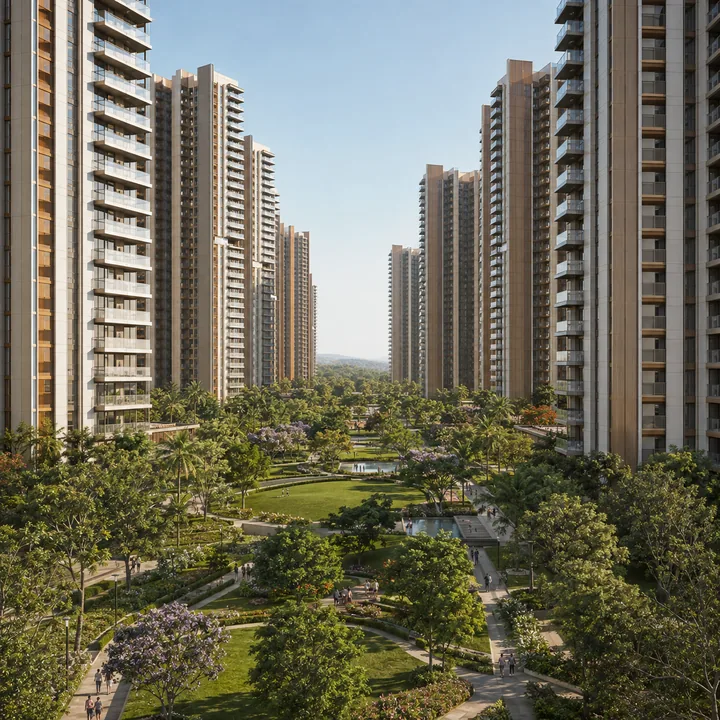 SNN Sarjapur Road central landscape spine with walking loops, event lawn and jacaranda in flower between the towers SNN Sarjapur Road central landscape spine with walking loops, event lawn and jacaranda in flower between the towers