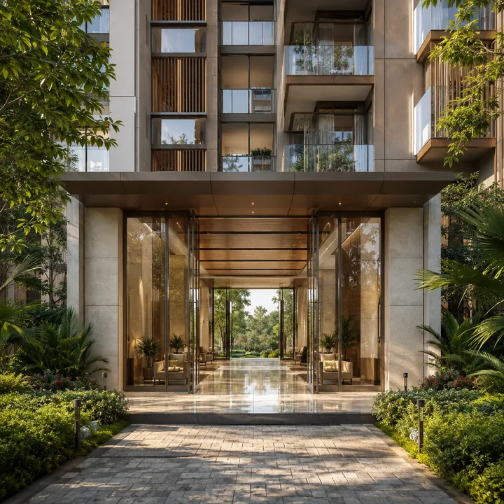 SNN Sarjapur Road tower lobby entrance with a through-view from the landscaped arrival court to the green beyond SNN Sarjapur Road tower lobby entrance with a through-view from the landscaped arrival court to the green beyond