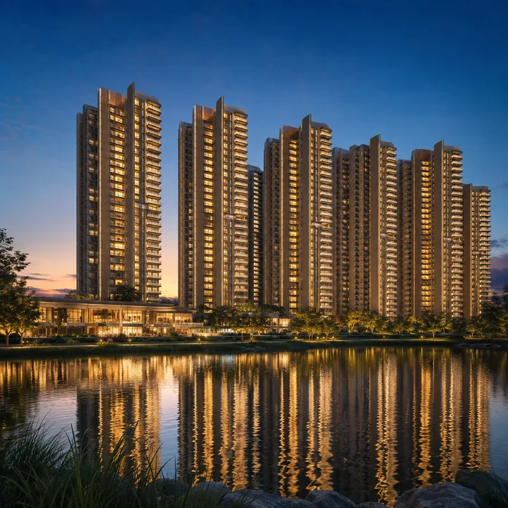 SNN Sarjapur Road night elevation with lit tower faces and the amenity block reflected in Hosa Lake at blue hour SNN Sarjapur Road night elevation with lit tower faces and the amenity block reflected in Hosa Lake at blue hour